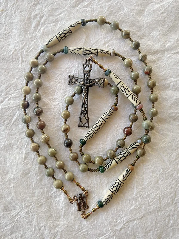 Saint Peter's Example, jasper and bone rosary handmade by Still Stone and Moss Prayer Bead Art, full view.