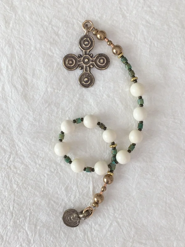 Green turquoise and bone chaplet, handmade by Still Stone and Moss Prayer Bead Art. Full view.