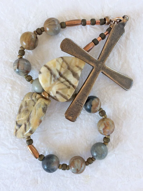 "Along the Path" - rare chaplet handmade with feldspar leaves, jasper and bronze, by Still Stone and Moss Prayer Bead Art. Variation 1. Full view 1.
