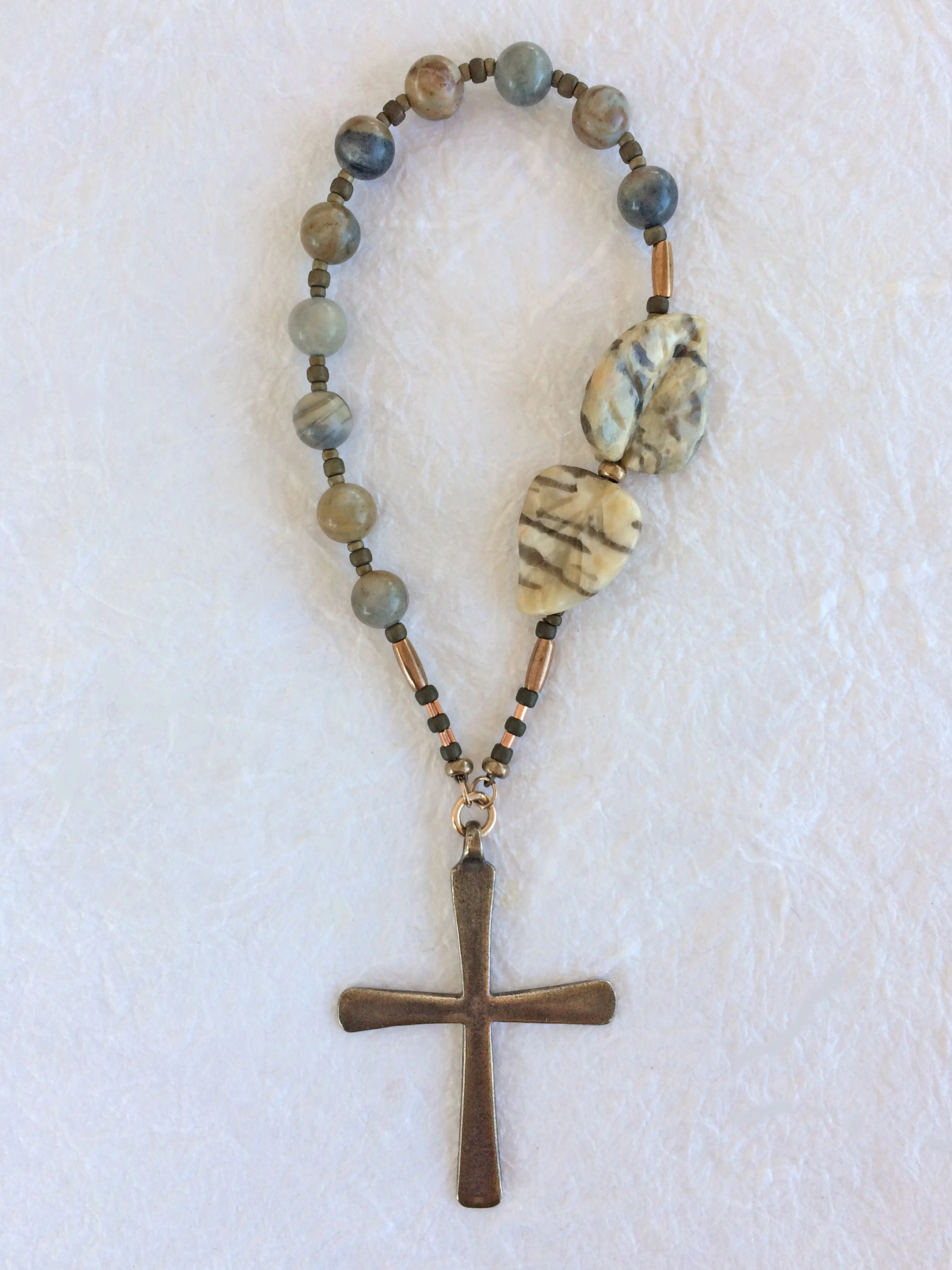 "Along the Path" - rare chaplet handmade with feldspar leaves, jasper and bronze, by Still Stone and Moss Prayer Bead Art. Variation 1. Full view 2.