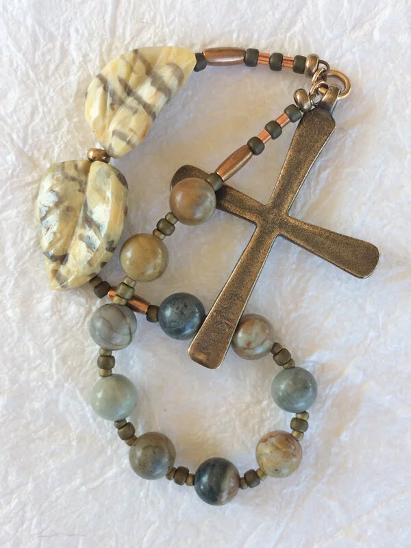 "Along the Path" - rare chaplet handmade with feldspar leaves, jasper and bronze, by Still Stone and Moss Prayer Bead Art. Variation 1. Full view 4.