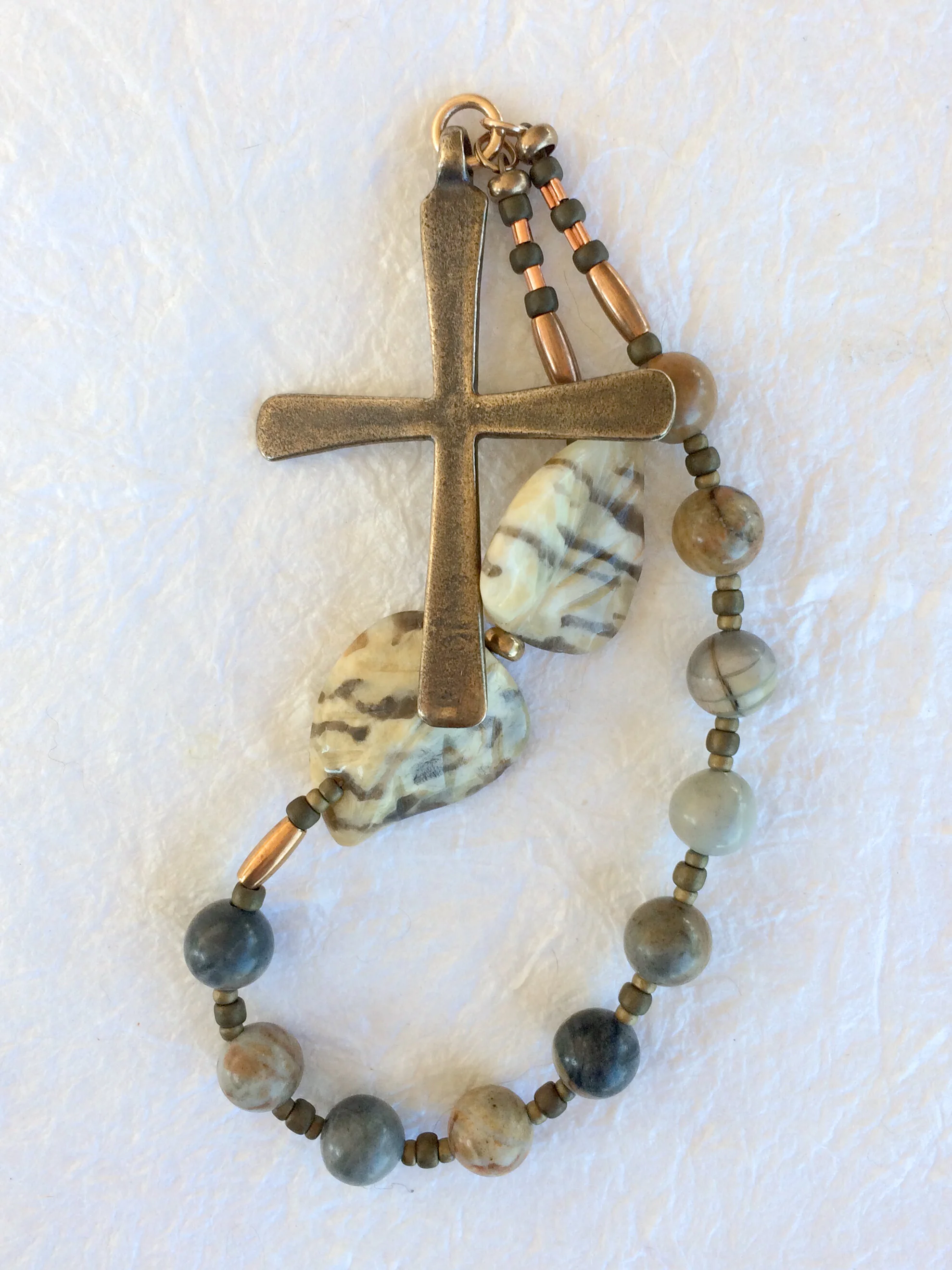 "Along the Path" - rare chaplet handmade with feldspar leaves, jasper and bronze, by Still Stone and Moss Prayer Bead Art. Variation 1. Full view 3.
