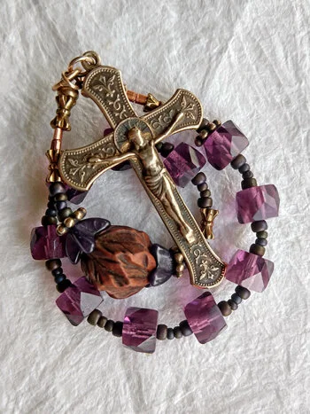 "Lydia's Place" purple Czech glass handmade chaplet, by Still Stone and Moss Prayer Bead Art, detail view 1.