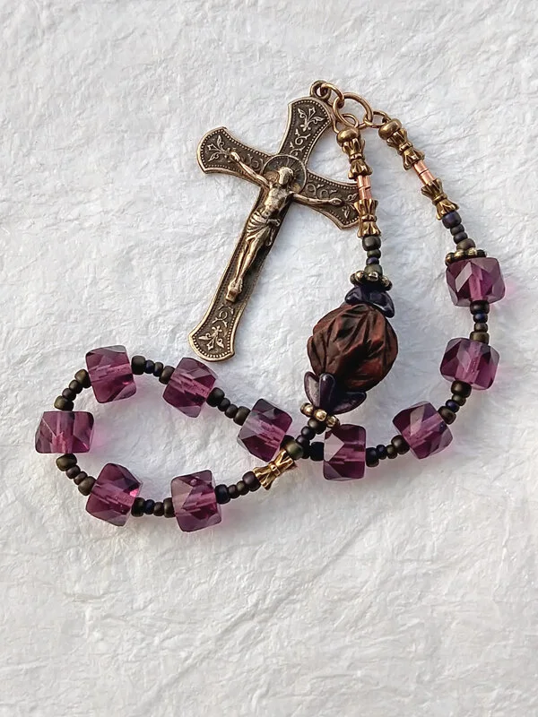 "Lydia's Place" purple Czech glass handmade chaplet, by Still Stone and Moss Prayer Bead Art, full view.