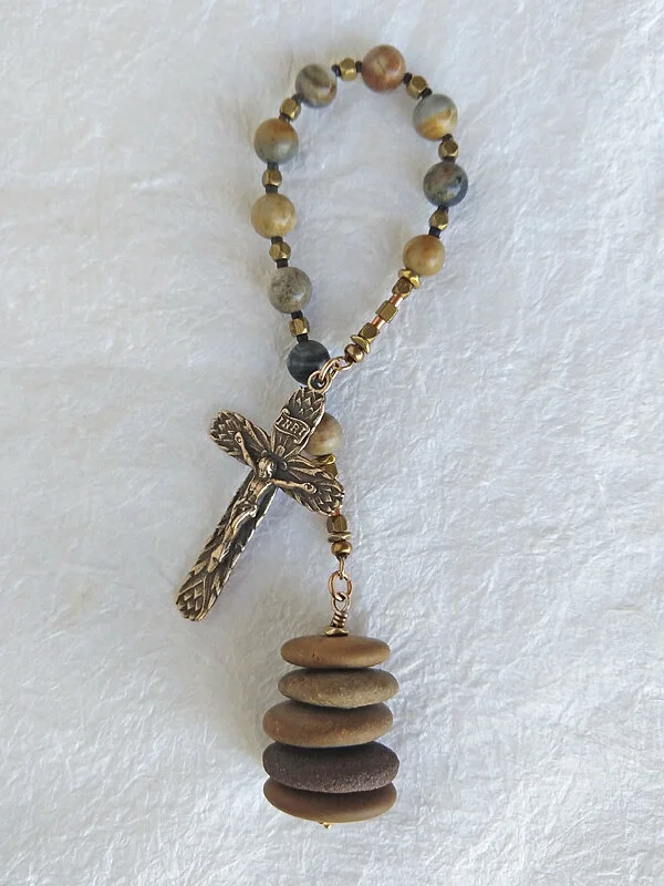 "Five Smooth Stones" - chaplet handmade of natural stone and jasper, mixed stones variation, by Still Stone and Moss Prayer Bead Art, full view