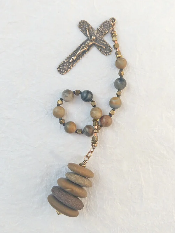 "Five Smooth Stones" - chaplet handmade of natural stone and jasper, mixed stones variation, by Still Stone and Moss Prayer Bead Art, full view 2