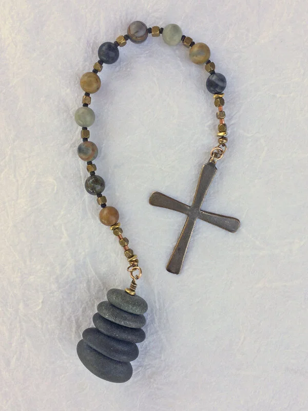 "Five Smooth Stones" chaplet handmade of natural stones and jasper, Great Lakes variation 4, by Still Stone and Moss Prayer Bead Art, full view