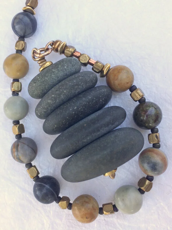 "Five Smooth Stones" chaplet handmade of natural stones and jasper, Great Lakes variation 4, by Still Stone and Moss Prayer Bead Art, detail view.