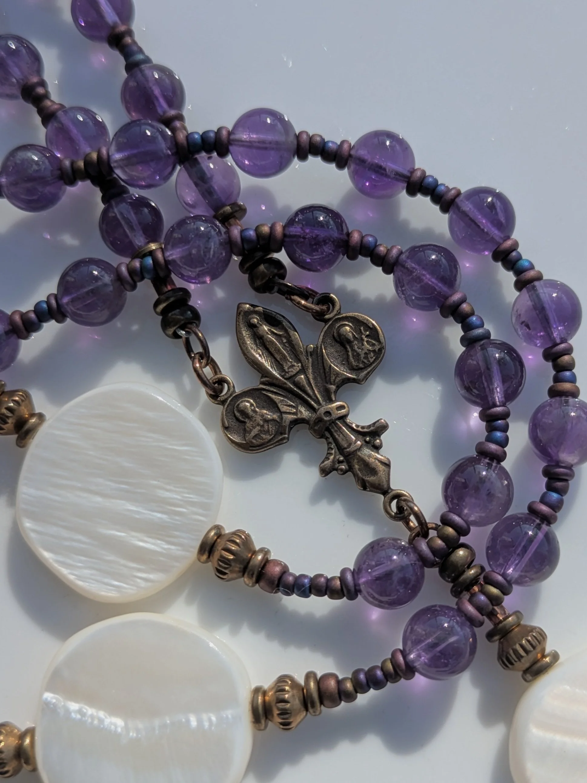 "Fleur de Lis" - Amethyst and Mother of Pearl - Handmade Rosary - variation ii