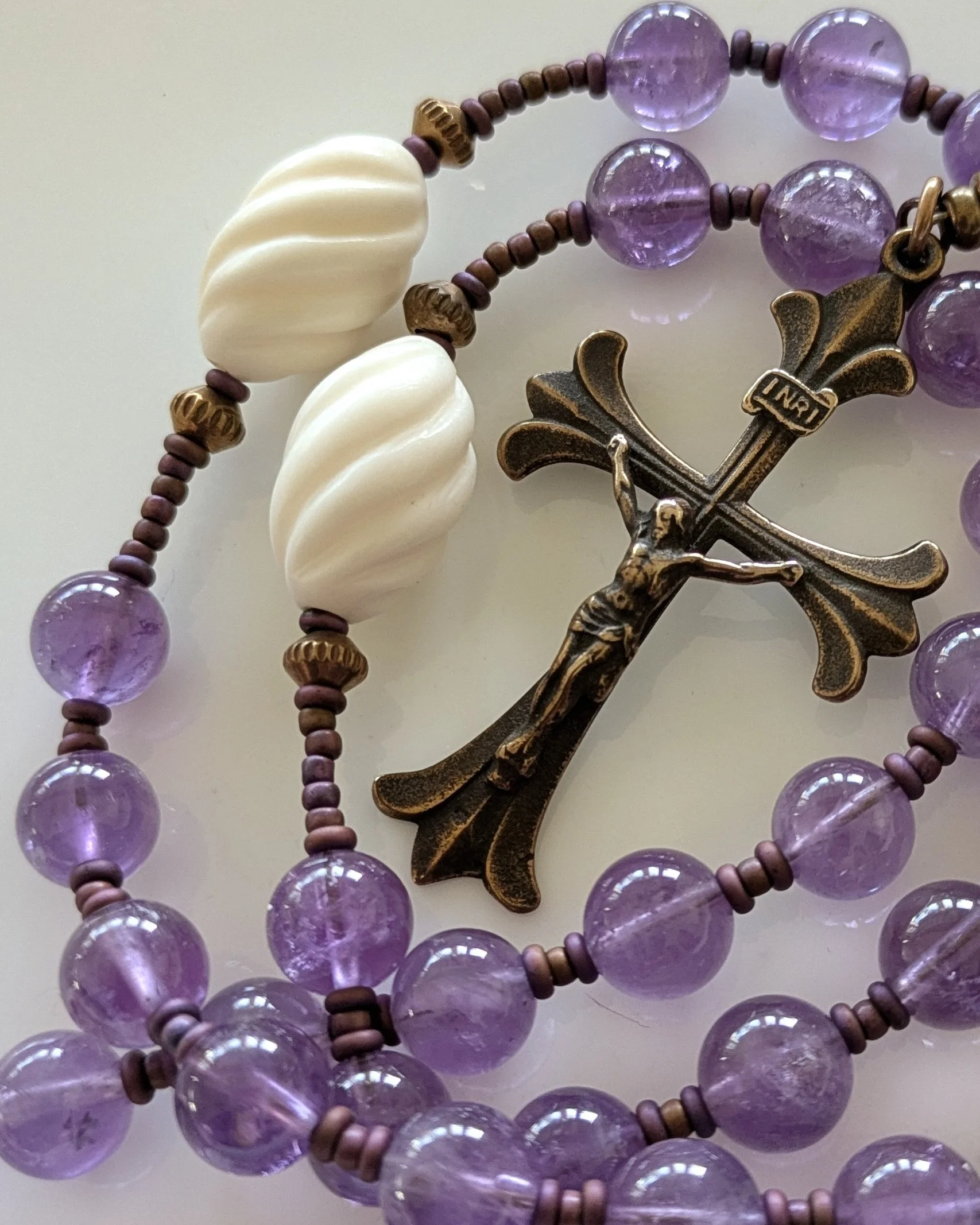 "Fleur de Lis" - Amethyst and Bone - Handmade Rosary - variation i