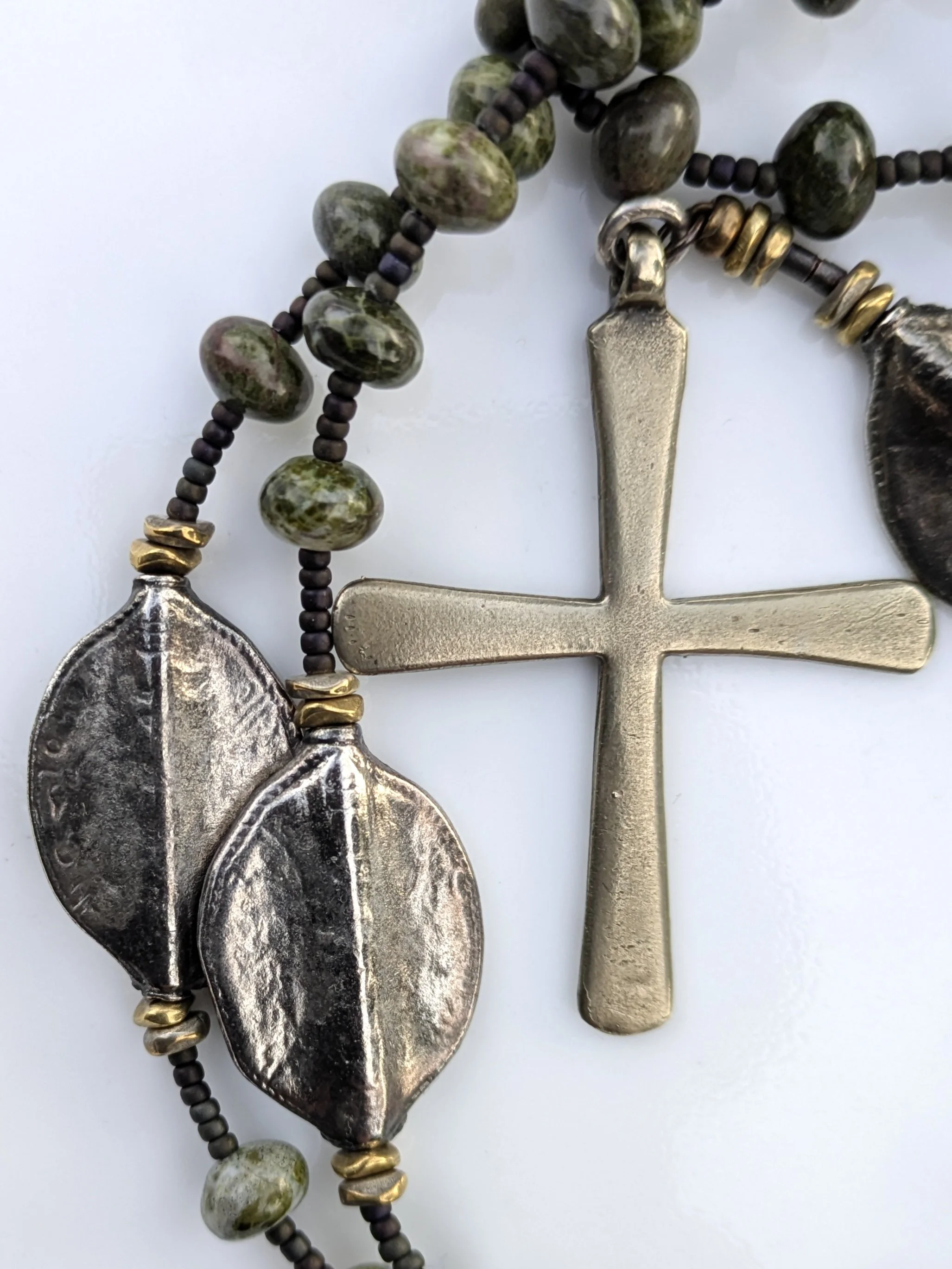 "Oasis of Quiet" - Silvered Pewter, Rhyolite and White Bronze - Handmade Rosary