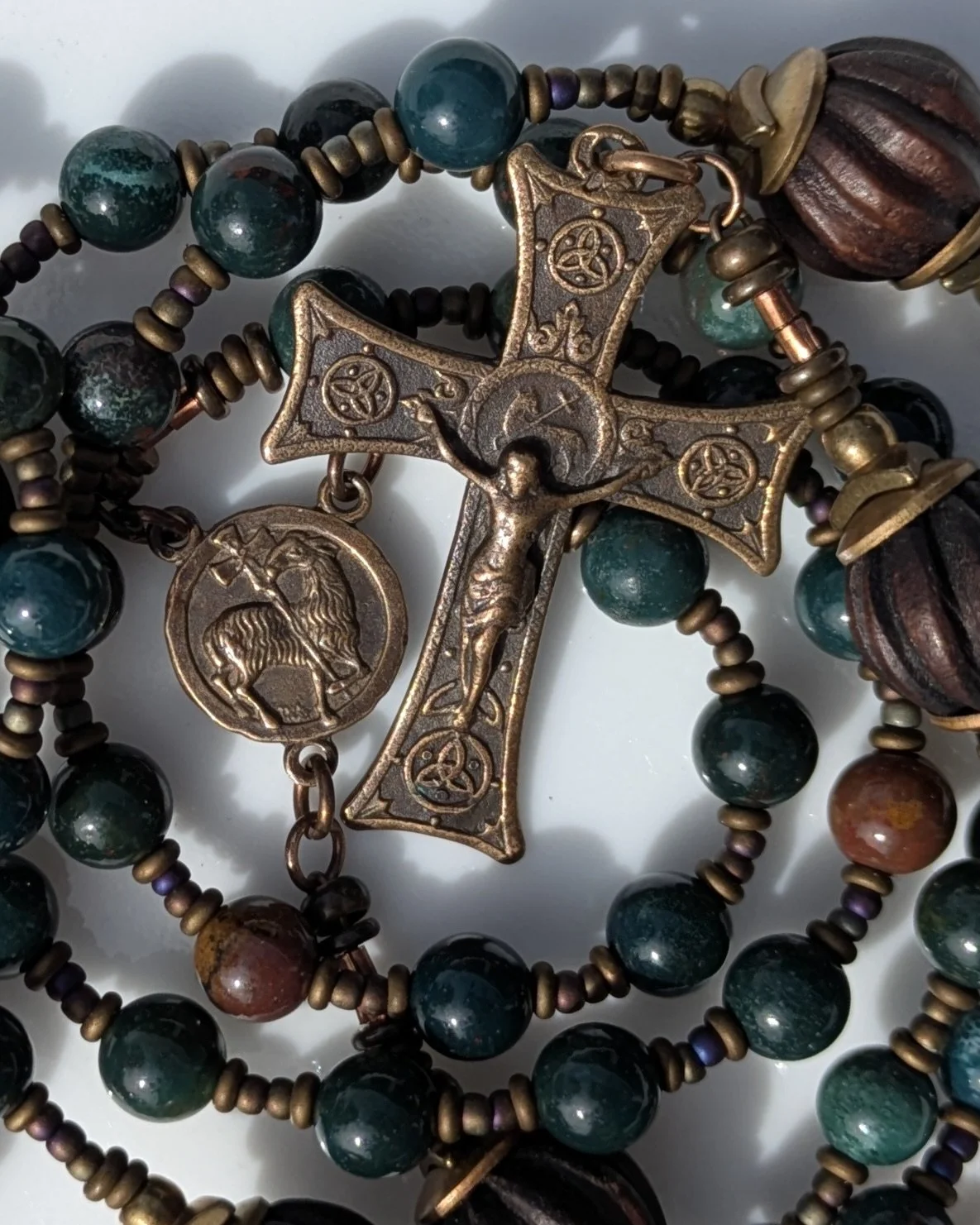 "Lamb of God" - Bloodstone, Agnus Dei Crucifix and Center - Handmade Rosary