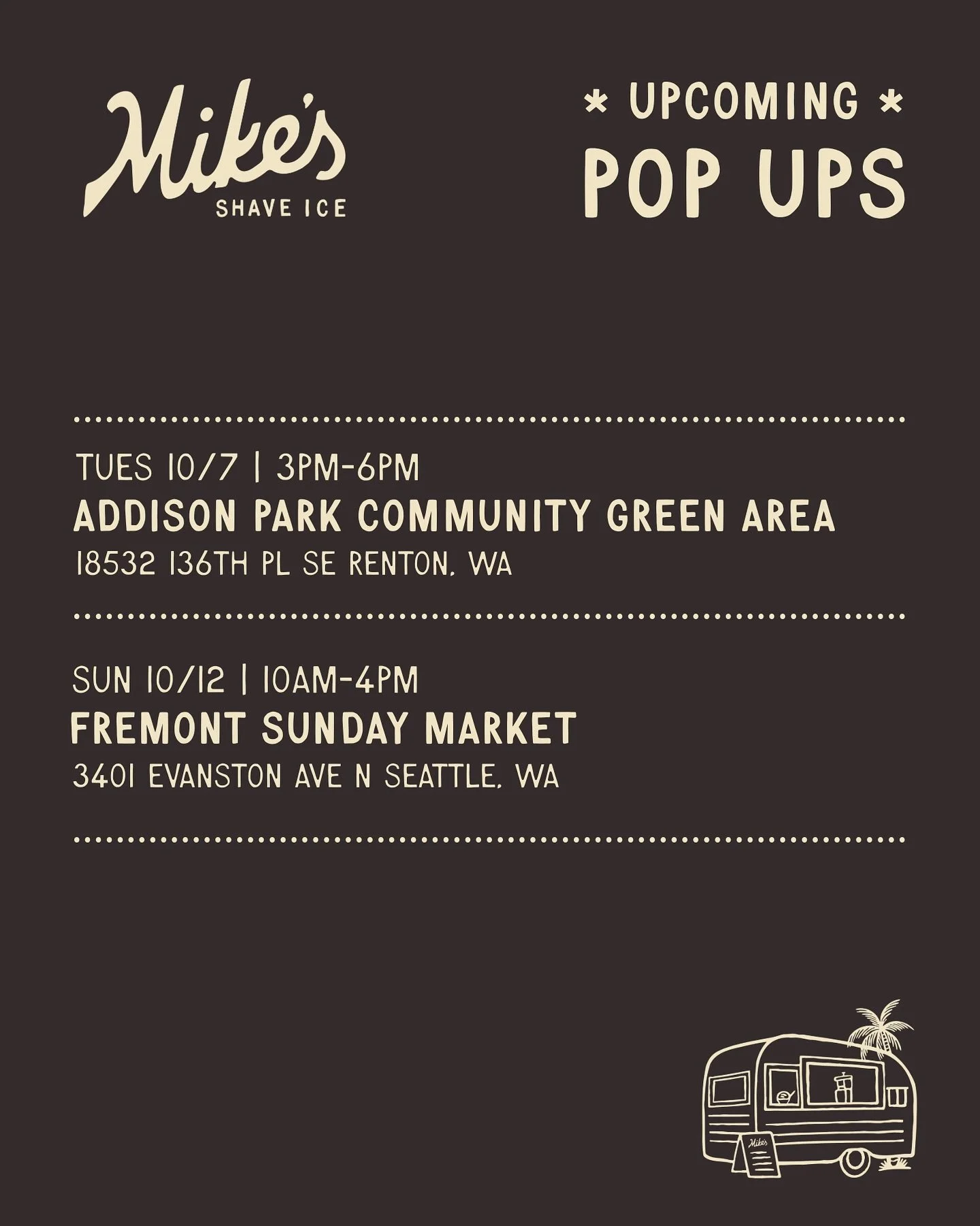 Schedule for the week! Coming down to our last couple of pop-ups for the season. This will be our last scheduled @fremontsundaymarket !

❗️no halo halo shave ice 10/7❗️

TUES 10/7 POP UP:
❗️Directions will vary depending on GPS used❗️
Pls follow inst