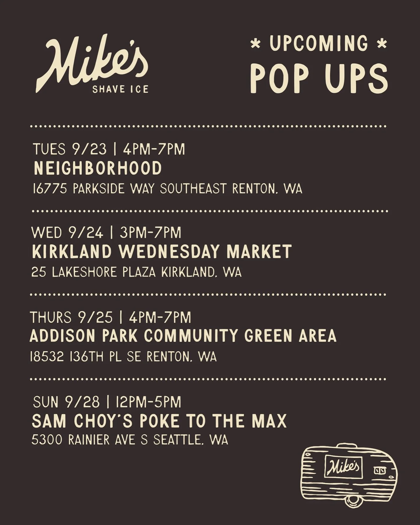 Schedule for the week! We were able to add another date for @kirklandwednesdayfarmersmarket and it&rsquo;s their last day!! We also still have a few more events in October, so we&rsquo;re not done yet🤙🏽

❗️no service 9/26 &amp; 9/27❗️

THURS 9/25 P