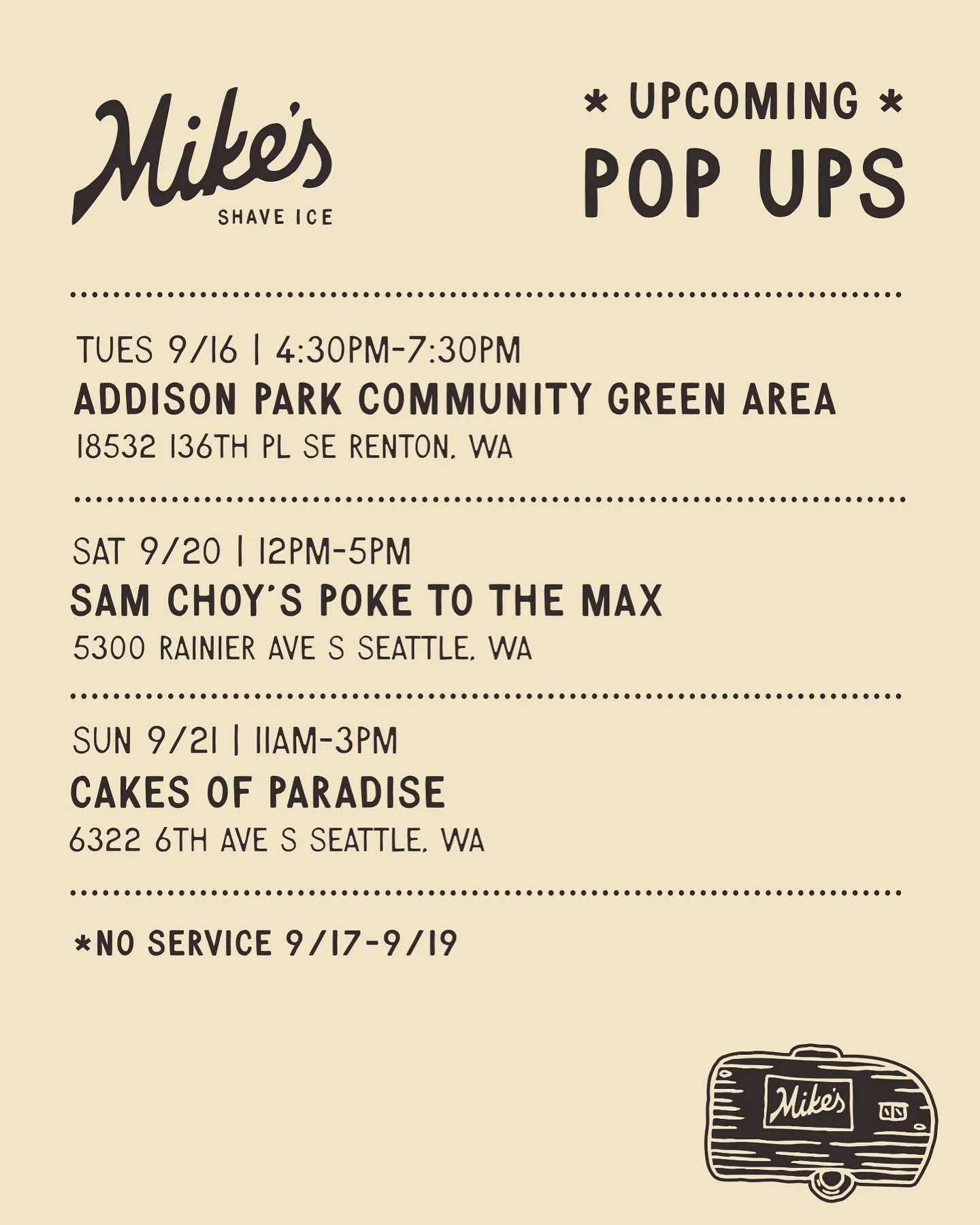 Schedule for the week!

❗️no halo halo shave ice 9/16❗️

TUES 9/16 POP UP:
❗️Directions will vary depending on GPS used❗️
Pls follow instructions below
&bull; For GOOGLE MAPS: please input &ldquo;Addison Park Community
Green Area&rdquo;
&bull; For AP
