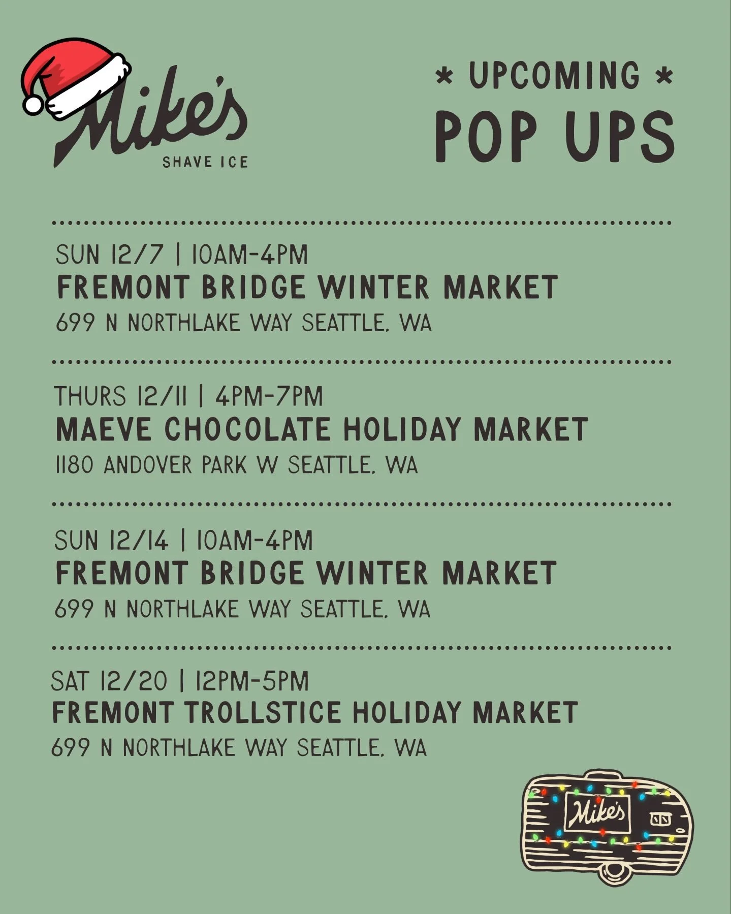 🎄We&rsquo;re back for a handful of holiday/winter markets this month!! This will be our first time doing any public events during the holidays, so bundle up and we hope to see you all!🎄

**Fremont markets will be located under the Fremont bridge co
