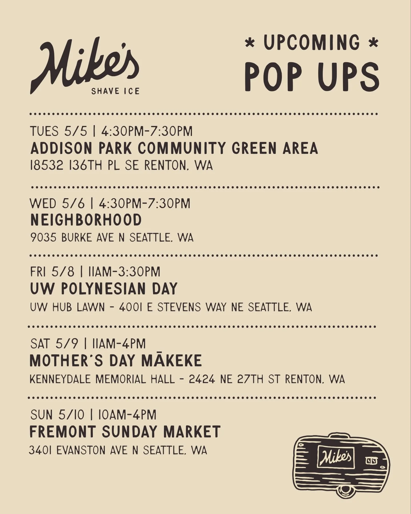 We&rsquo;re back with a bunch of pop-ups this week! Please see below for some details:

❗️Sat 5/9 &amp; Sun 5/10 - no halo halo shave ice
❗️Sun 5/10 - we&rsquo;ll be short staffed (so please expect longer wait times)
❗️Tuesday 5/5 @barbecuemobtruck w