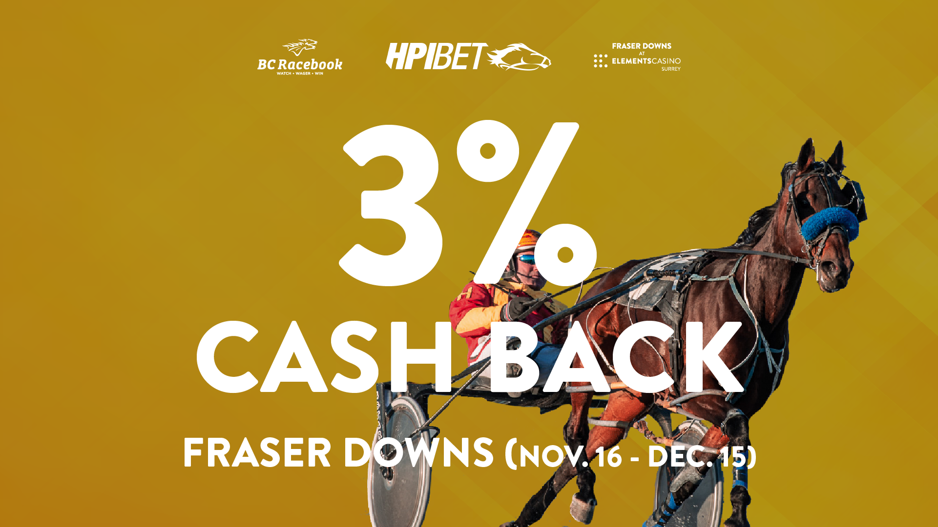 Wager on Fraser Downs through HPIbet and get 3% cash back!