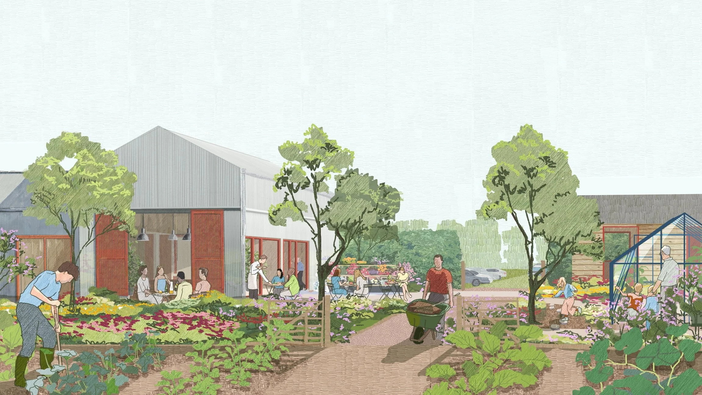 Feasibility drawings from 2024 for Root Connections, a Somerset-based social enterprise supporting people experiencing rural homelessness.

The proposals explored an expanded growing garden, outdoor kitchen, reciprocal framed canopy, educational kitc