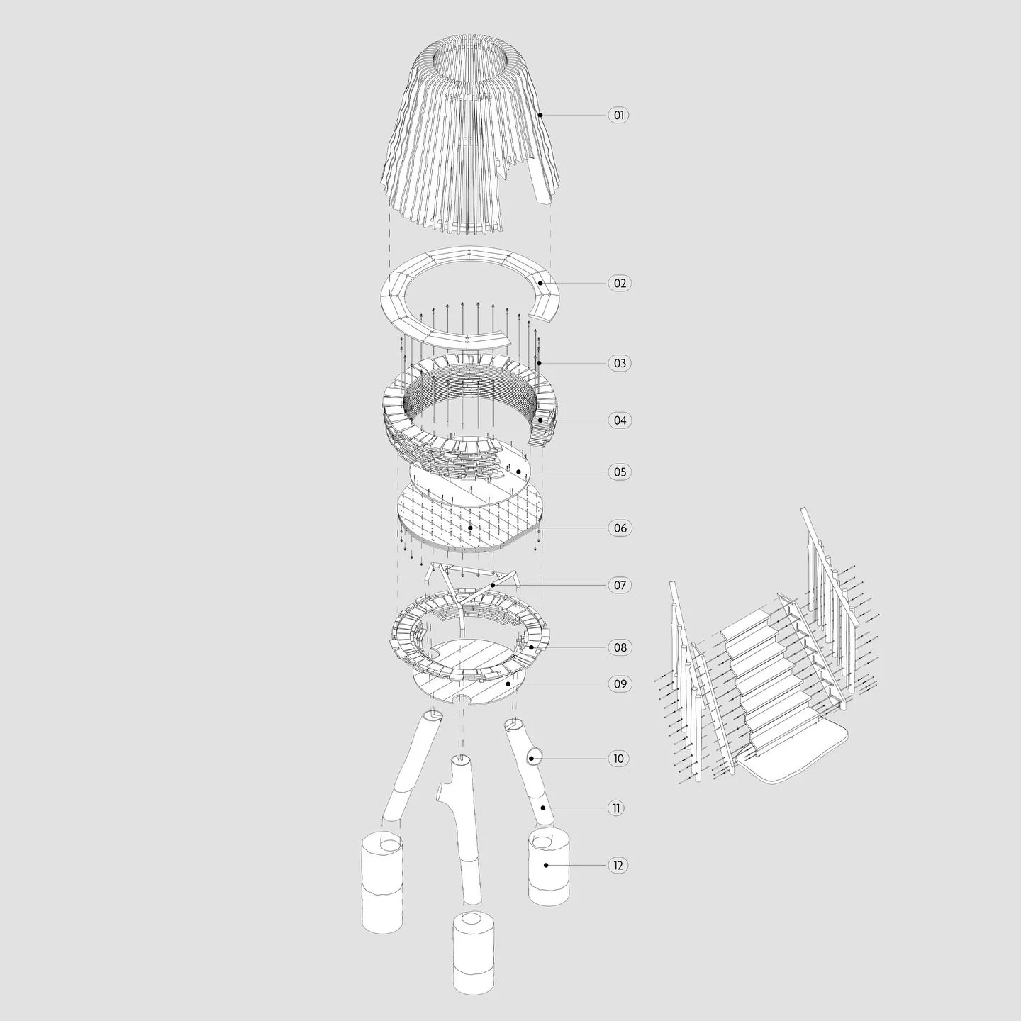 Exploded isometric drawing of the Acorn Tower at Westonbirt Arboretum, showing the assembly of its component parts. Developed in collaboration with Invisible Studio and Lean Structures.

#AcornTower #WestonbirtArboretum #TimberArchitecture #ExplodedI
