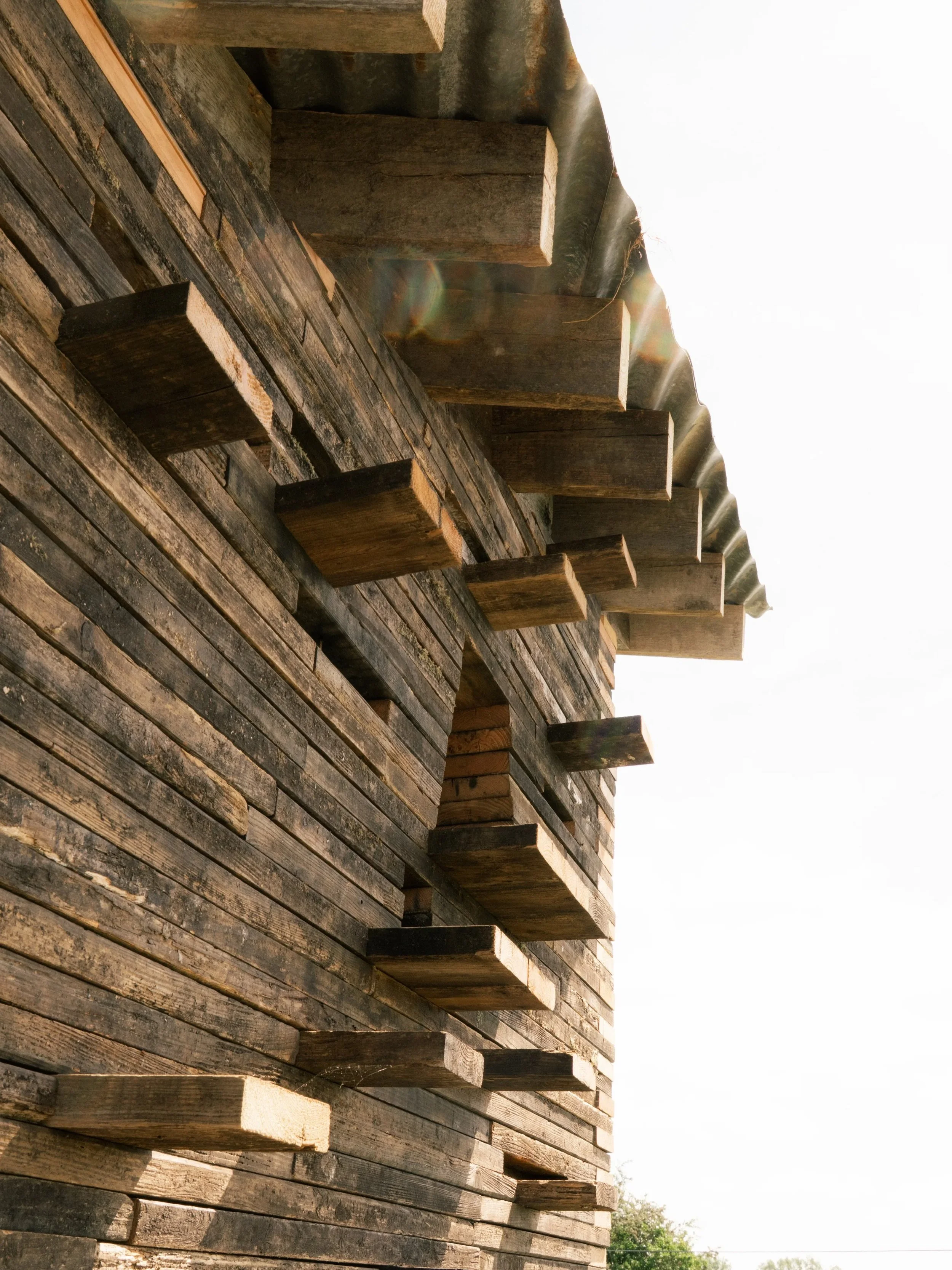 Photos from the final week of building our reclaimed-material wildlife tower at Honeygar in the Somerset Levels.

The roof and wall cladding are now complete, using timber salvaged from an old tractor-storage barn. Corrugated metal sheeting removed f