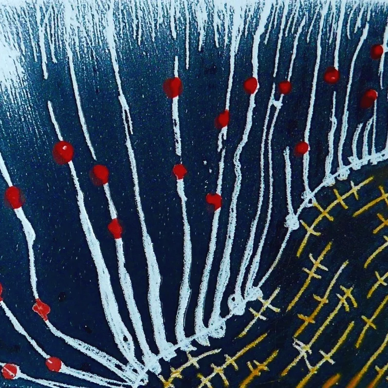 All these experiments are on ‘white board’ which has a thin enamel base cost. Using the white side of the ‘white board’, I put a layer of black enamel. This has been scraped through and brushed. Red and yellow enamel pigments provide the detailed colour.