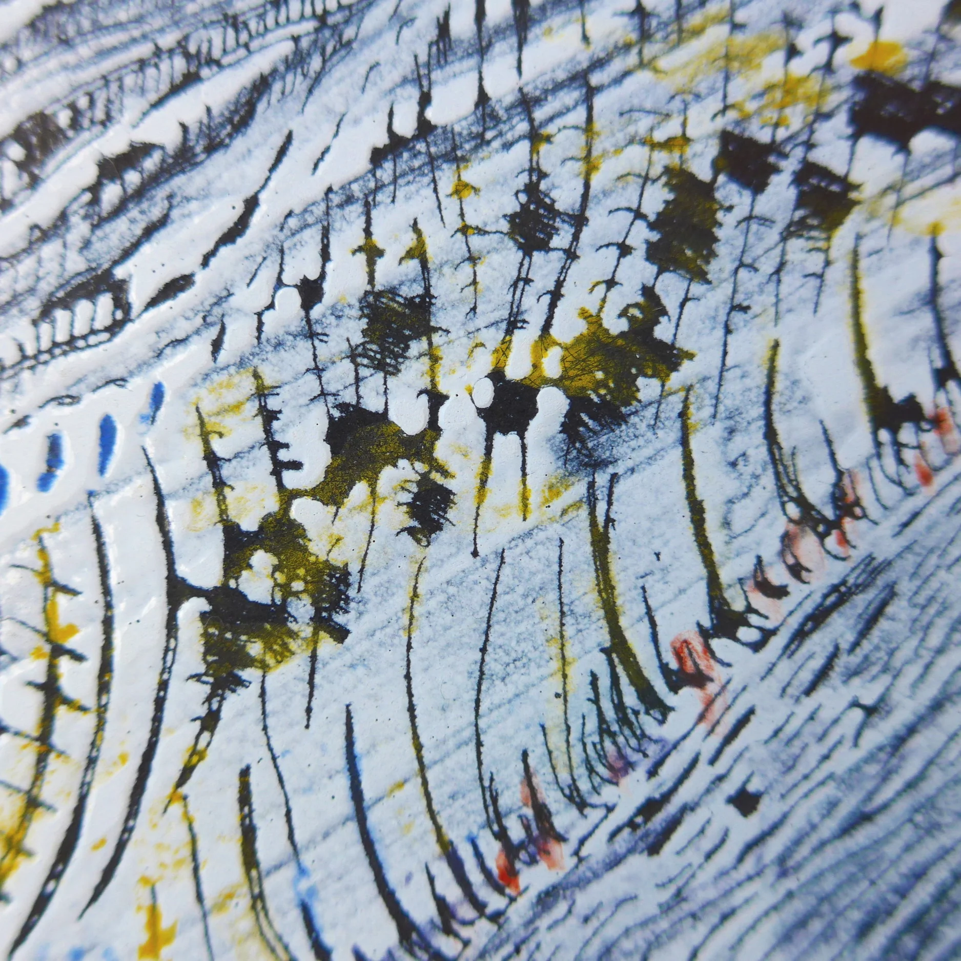 All these experiments are on ‘white board’ which has a thin enamel base cost. Using the black side of the ‘white board, I put a layer of white enamel. This has been scraped through and brushed. Red and yellow enamel pigments provide the detailed colour.