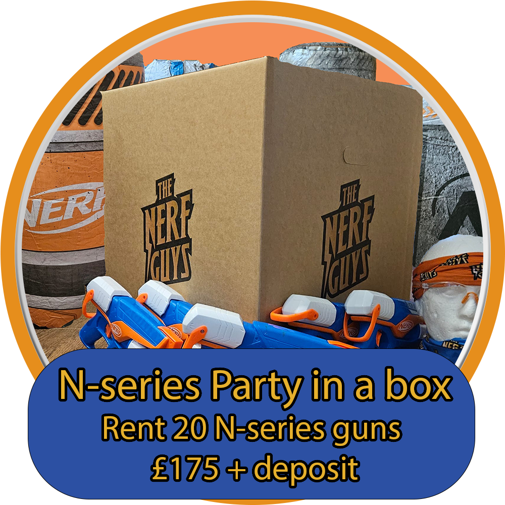 A toy Nerf gun party setup with a large cardboard box labeled "The Nerf Guys", several blue and white Nerf guns, and a mannequin head with an orange headband, all on a table with Nerf branding in the background. Text overlay promotes renting 20 N-series Nerf guns for a party with a £175 deposit.