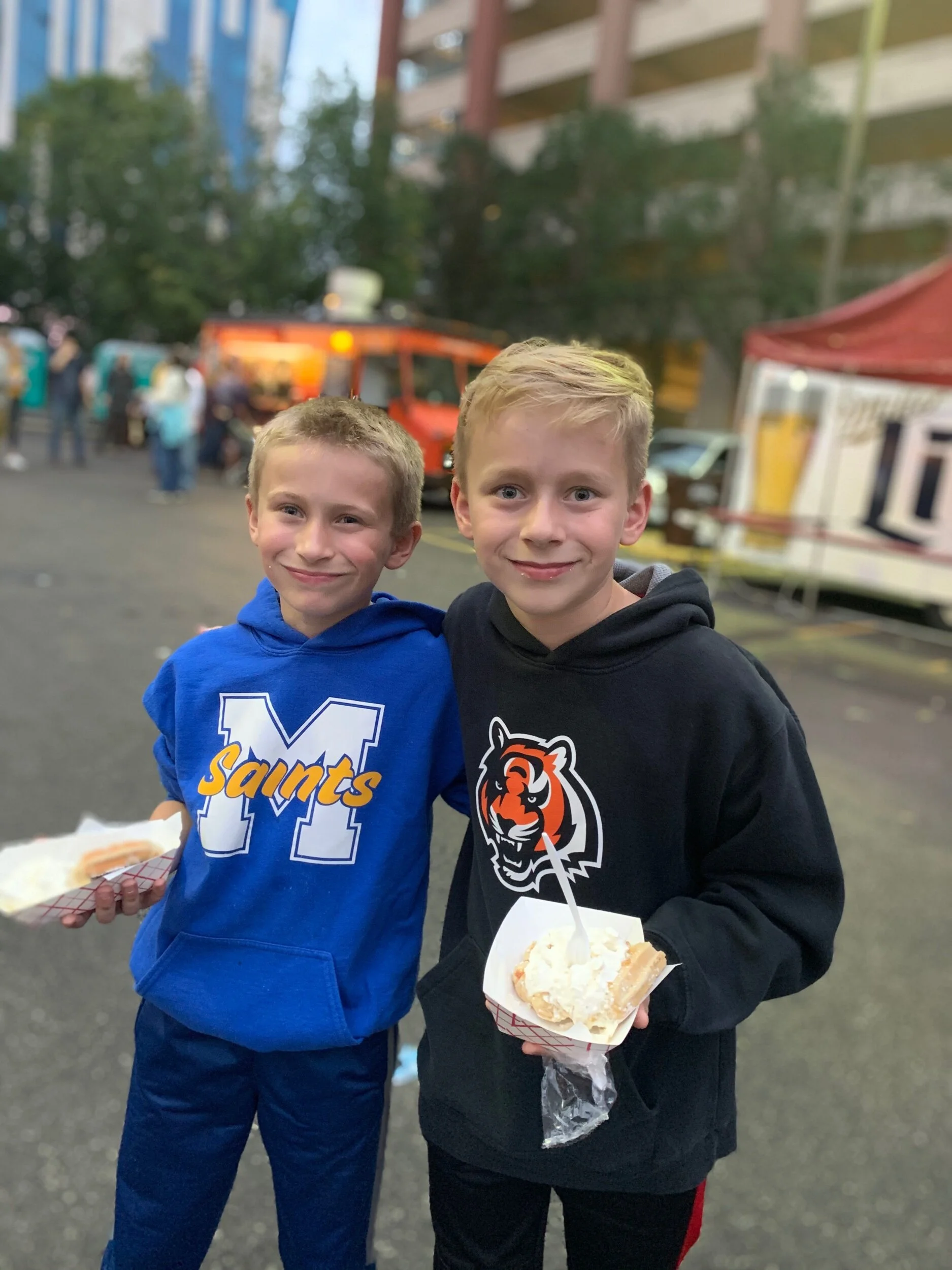 Harry and Ollie enjoying Marty’s Waffles.