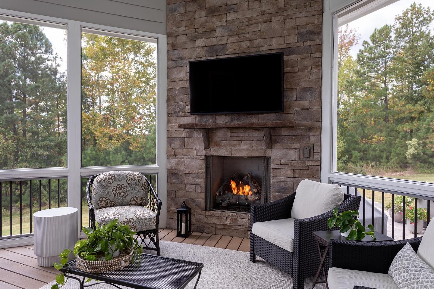 Weekend Goals: warming up and cuddling in front of this stunning porch fireplace! Check out the whole gallery (&ldquo;Mountain Views in Chapel Hill&rdquo;) on our portfolio page! It&rsquo;s a stunner, y&rsquo;all! 

#interiordesign #interiordesigner 