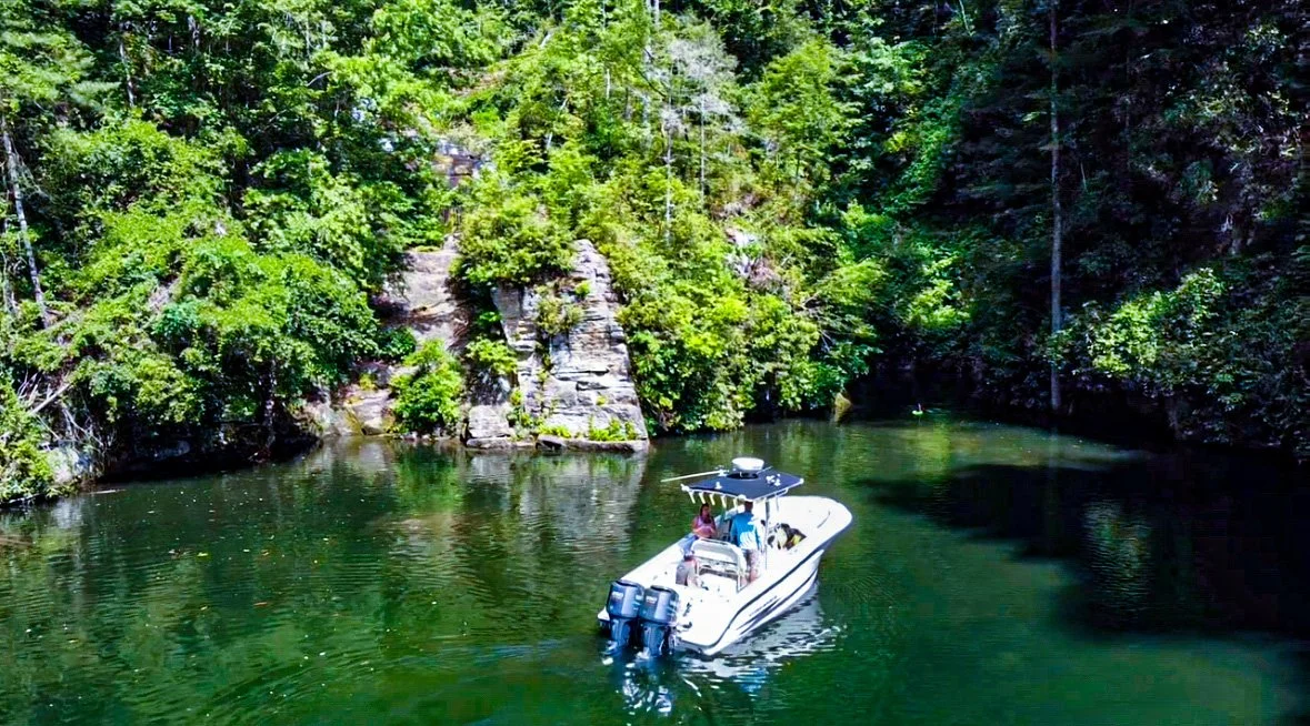 A boat with people on board floating on a calm river surrounded by lush green trees and rocky cliffs.