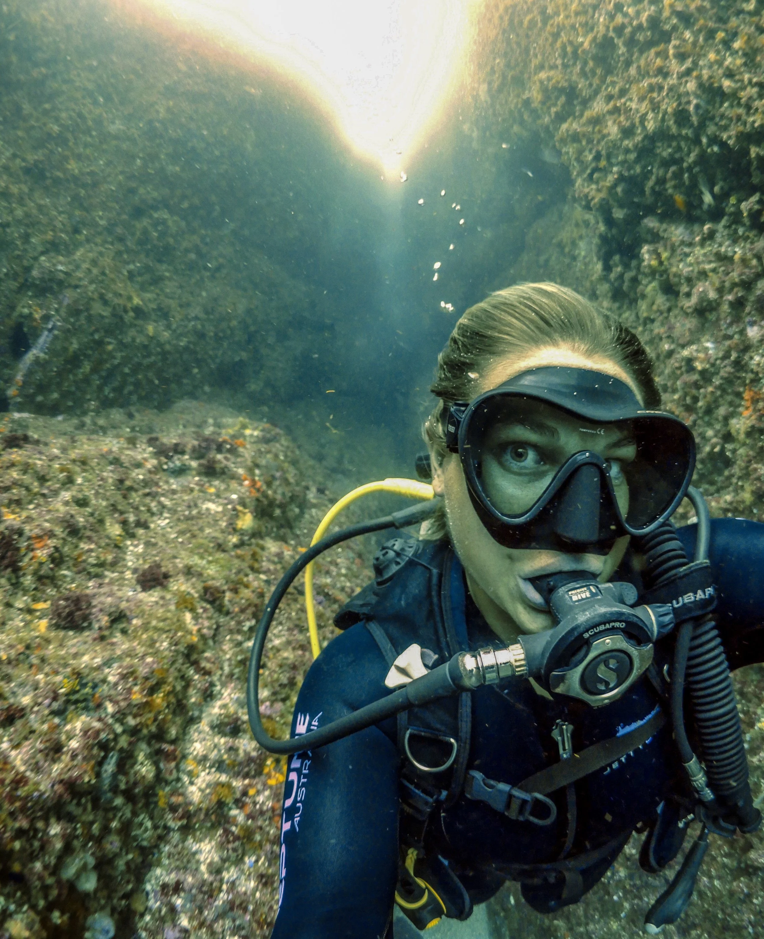 Scuba diver wearing mask and gear exploring underwater coral reef.