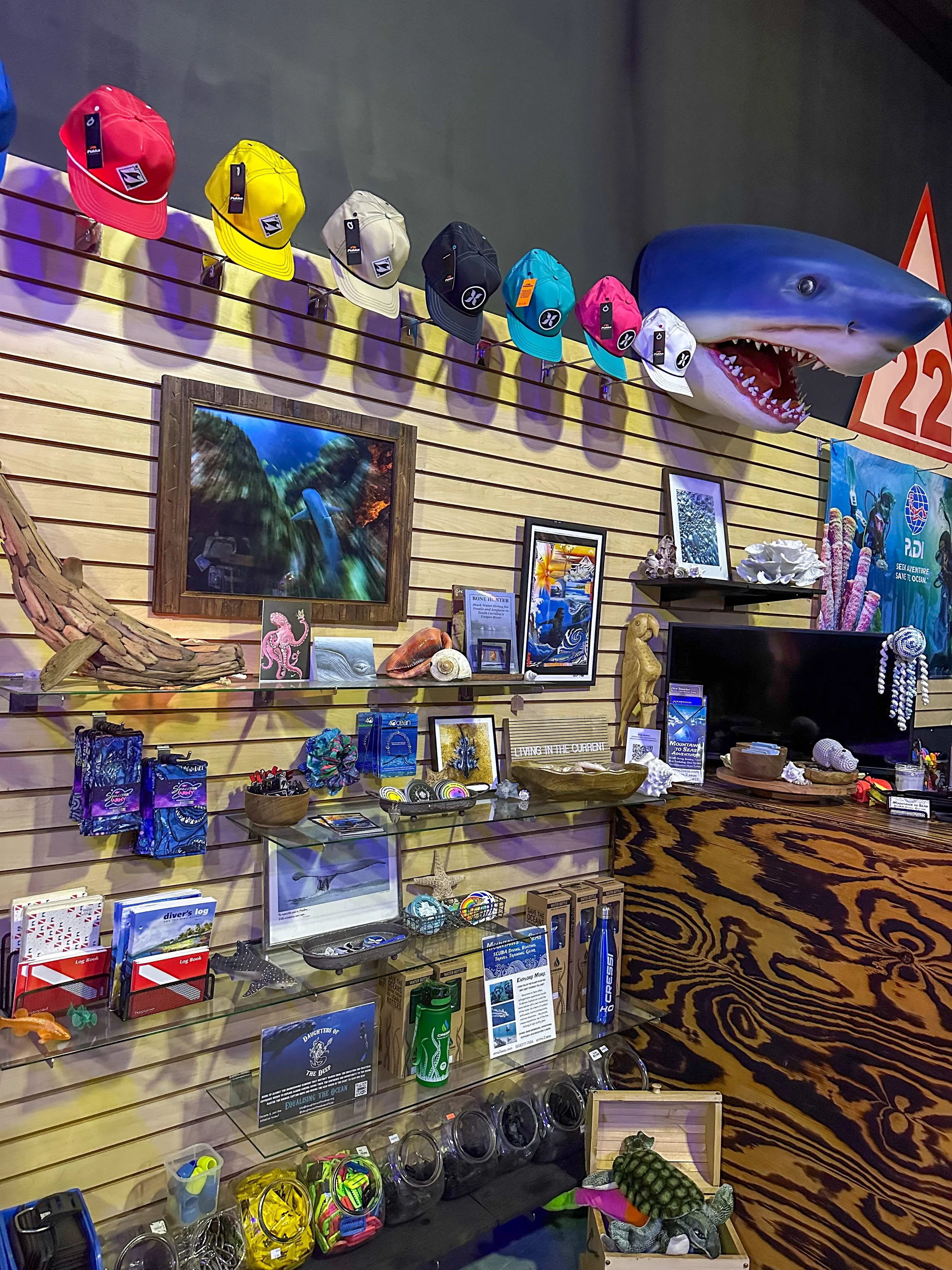 Wall display with colorful hats, framed artwork, seashells, and ocean-themed souvenirs in a store.