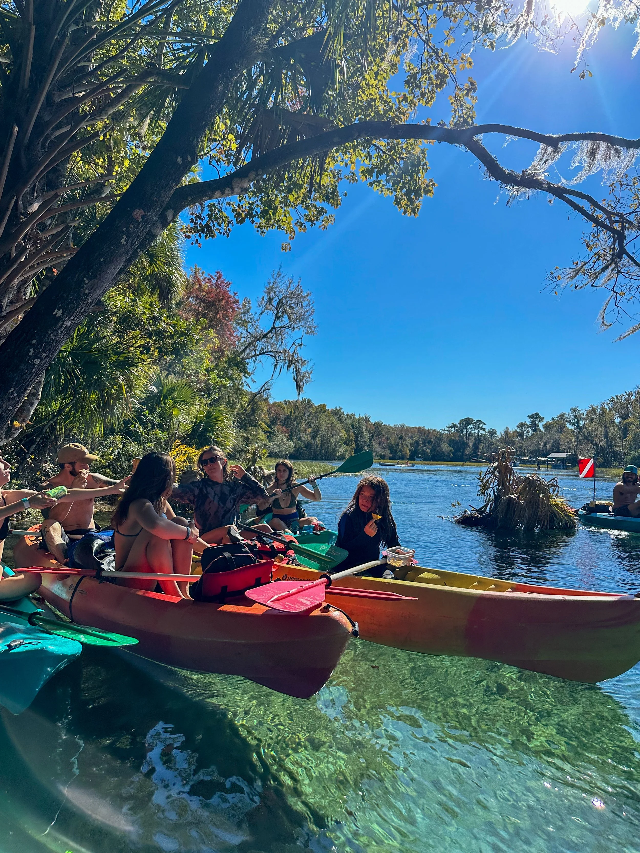 A group of people kayaking on a clear river under a bright blue sky with trees in the background.