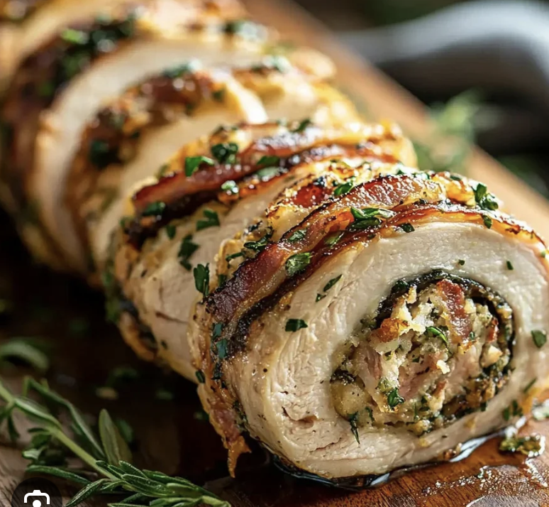Wild Boar Bacon Wrapped Turkey Breast Roll with Traditional Sourdough Stuffing