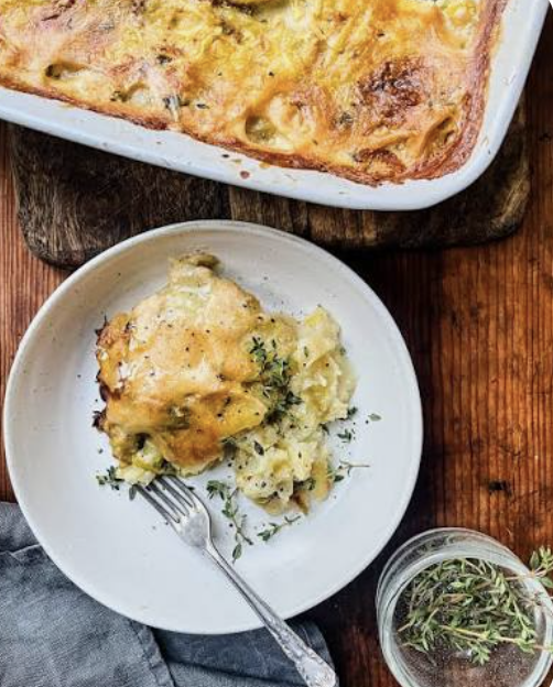 Potato Leek au Gratin with Currie's Own Yukon Gold Potatoes, Organic Leeks and Gruyere Cheese.