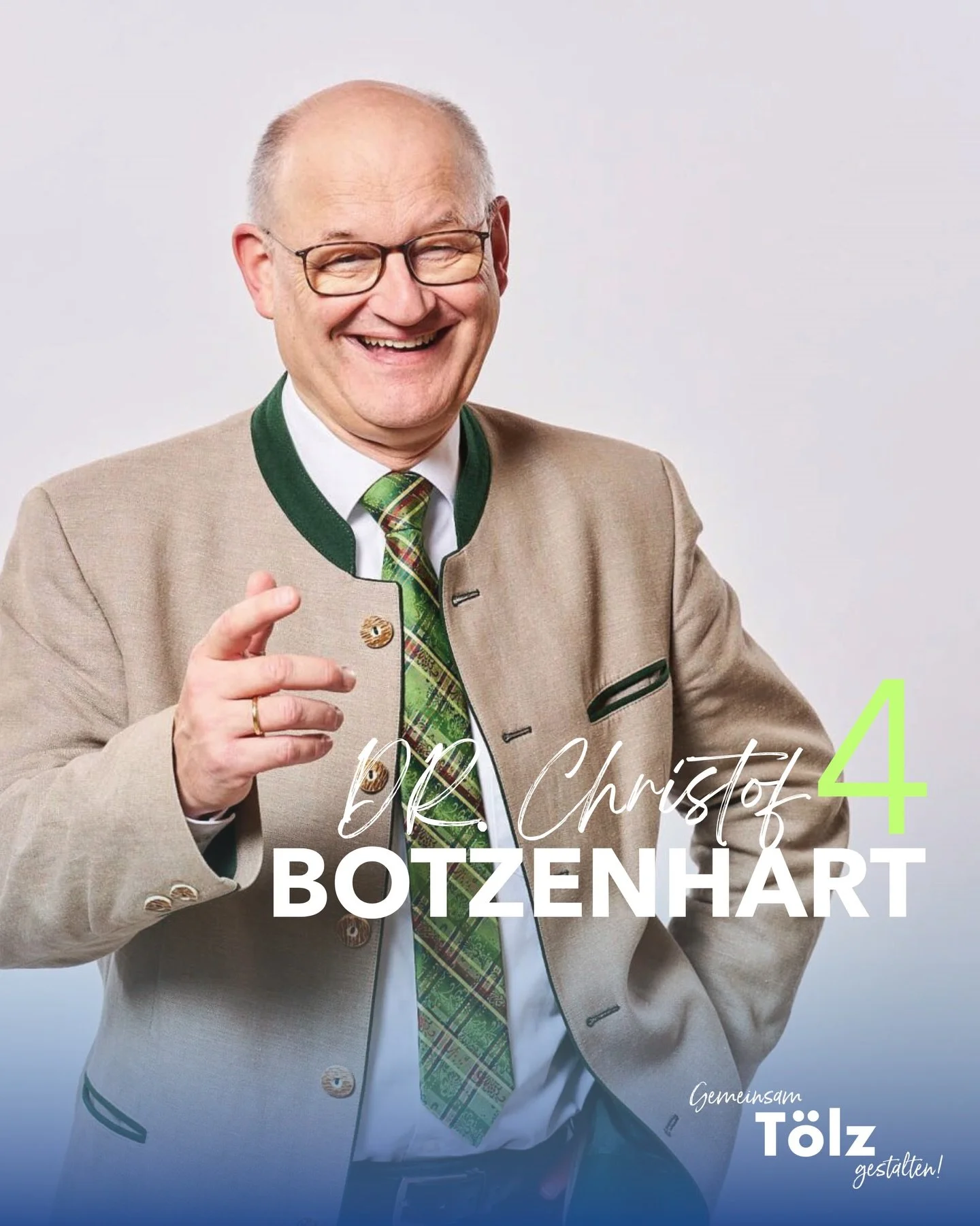 &bdquo;I&rsquo;ve got to admit it&rsquo;s getting better
A little better all the time&ldquo; (The Beatles) 
- Dr. Christof Botzenhart, Kandidat f&uuml;r den T&ouml;lzer Stadtrat

Auf Platz 4:

DR. CHRISTOF BOTZENHART
🔹ALTER: 56
🔹FAMILIE: VERHEIRATE