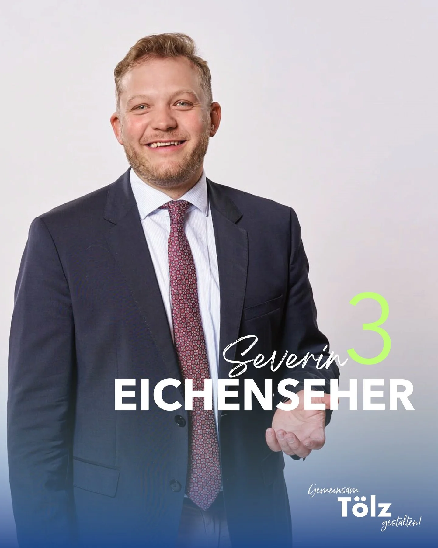 &bdquo;Zuh&ouml;ren, Ideen entwickeln und anpacken &ndash; f&uuml;r Sie und mit Ihnen. Gemeinsam f&uuml;r die Zukunft unserer Stadt!&ldquo;
- Severin Eichenseher, Kandidat f&uuml;r den T&ouml;lzer Stadtrat

Auf Platz 3:

SEVERIN EICHENSEHER
🔹ALTER: 