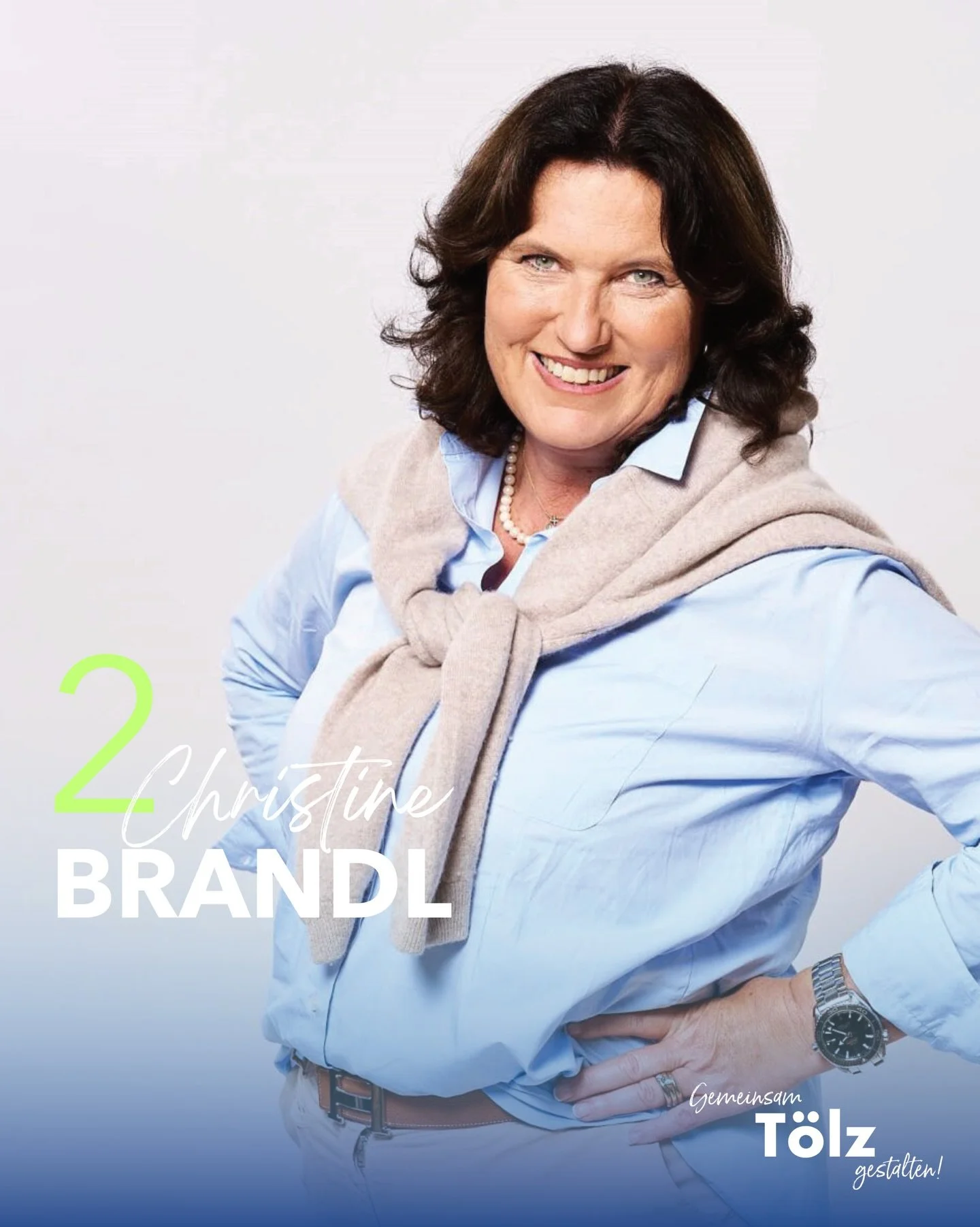 &bdquo;Mit Herz, Verstand und Humor f&uuml;r unser T&ouml;lz &ndash; weil&rsquo;s unsere Heimat ist.&ldquo;
- Christine Brandl, Kandidatin f&uuml;r den T&ouml;lzer Stadtrat

Auf Platz 2:

CHRISTINE BRANDL
🔹ALTER: 55
🔹FAMILIE: VERHEIRATET
🔹BERUF: S
