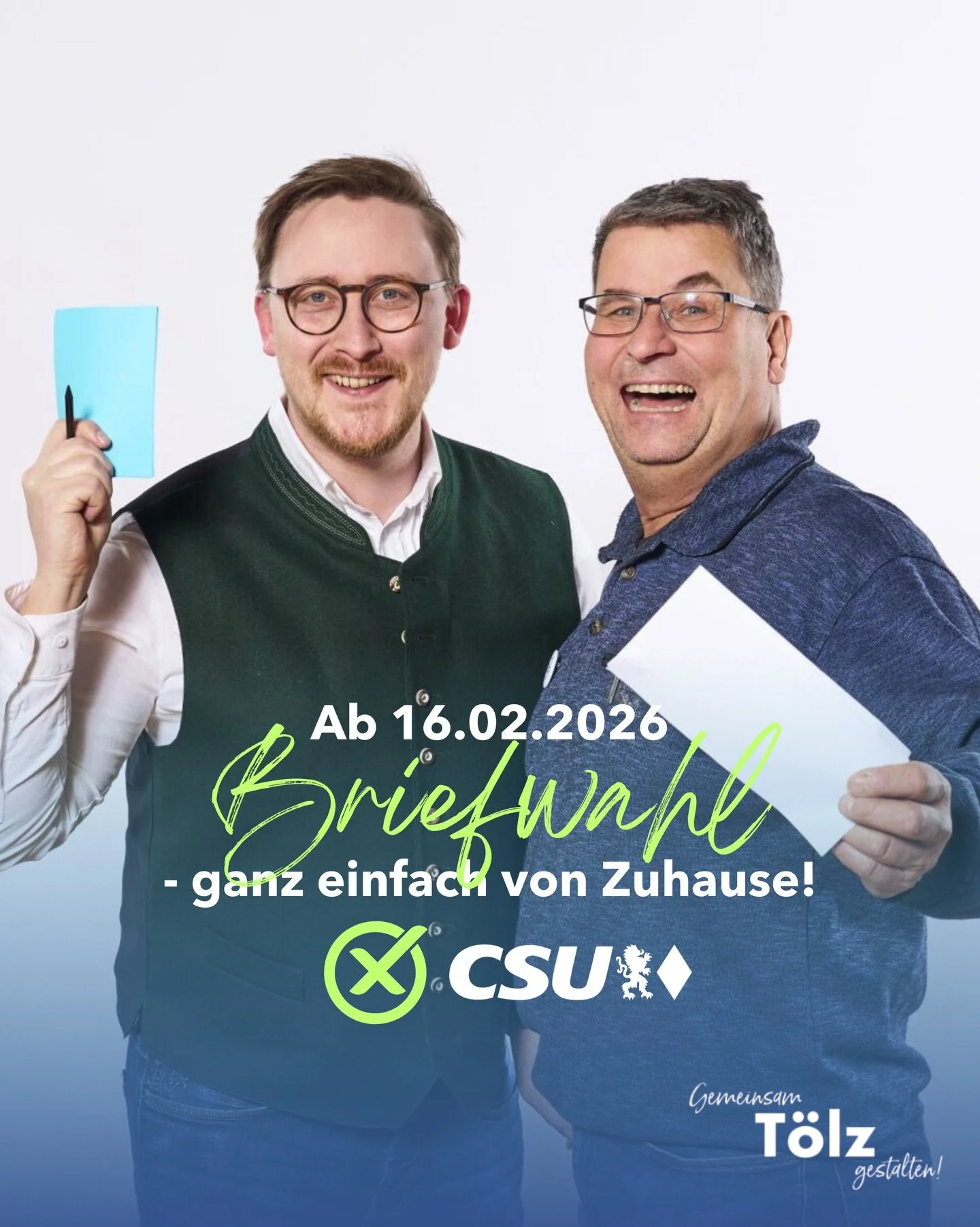 🗳️ Briefwahl ab 16.02.2026 - f&uuml;r unsere Stadt Bad T&ouml;lz und den Landkreis T&Ouml;L-WOR 🗳️

Ab dem 16. Februar 2026 k&ouml;nnen Sie in Bayern bequem von Zuhause aus per Briefwahl abstimmen. 
Beantragen Sie Ihre Unterlagen bei Ihrer Gemeinde