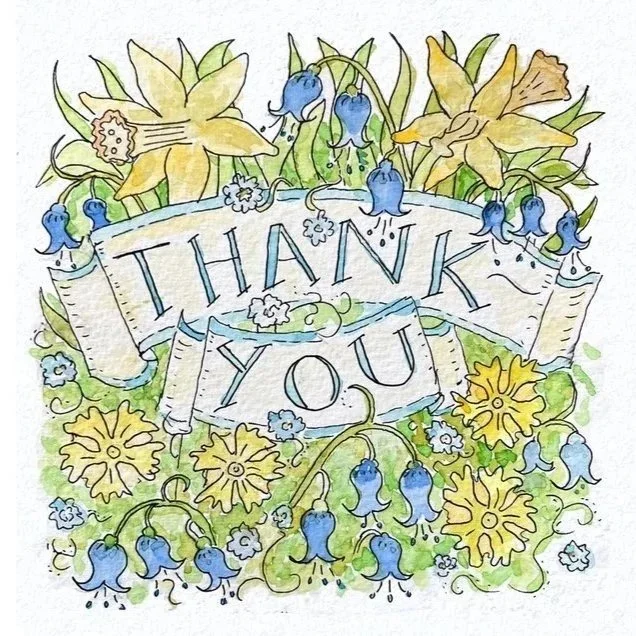 Daffodil, bluebell & forget-me-not thank you card