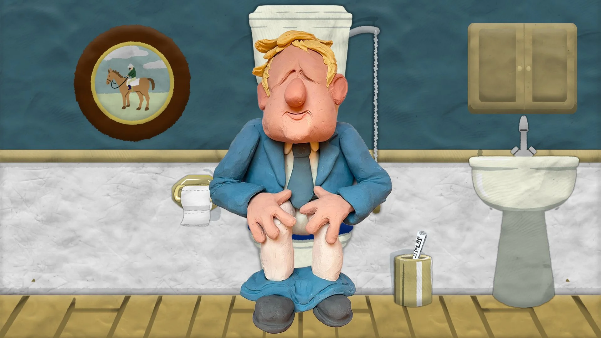 An illustration of Boris Johnson made from plasticine, sat on the toilet in a ornate bathroom.