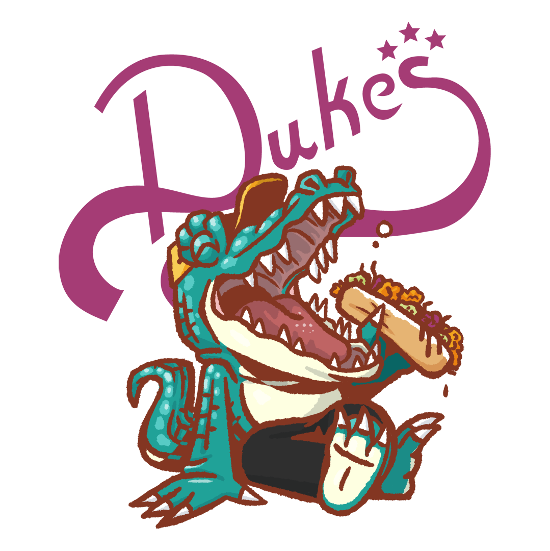 Mascot illustration of an alligator eating a fried chicken po boy sitting in front of a logo reading "Duke's"