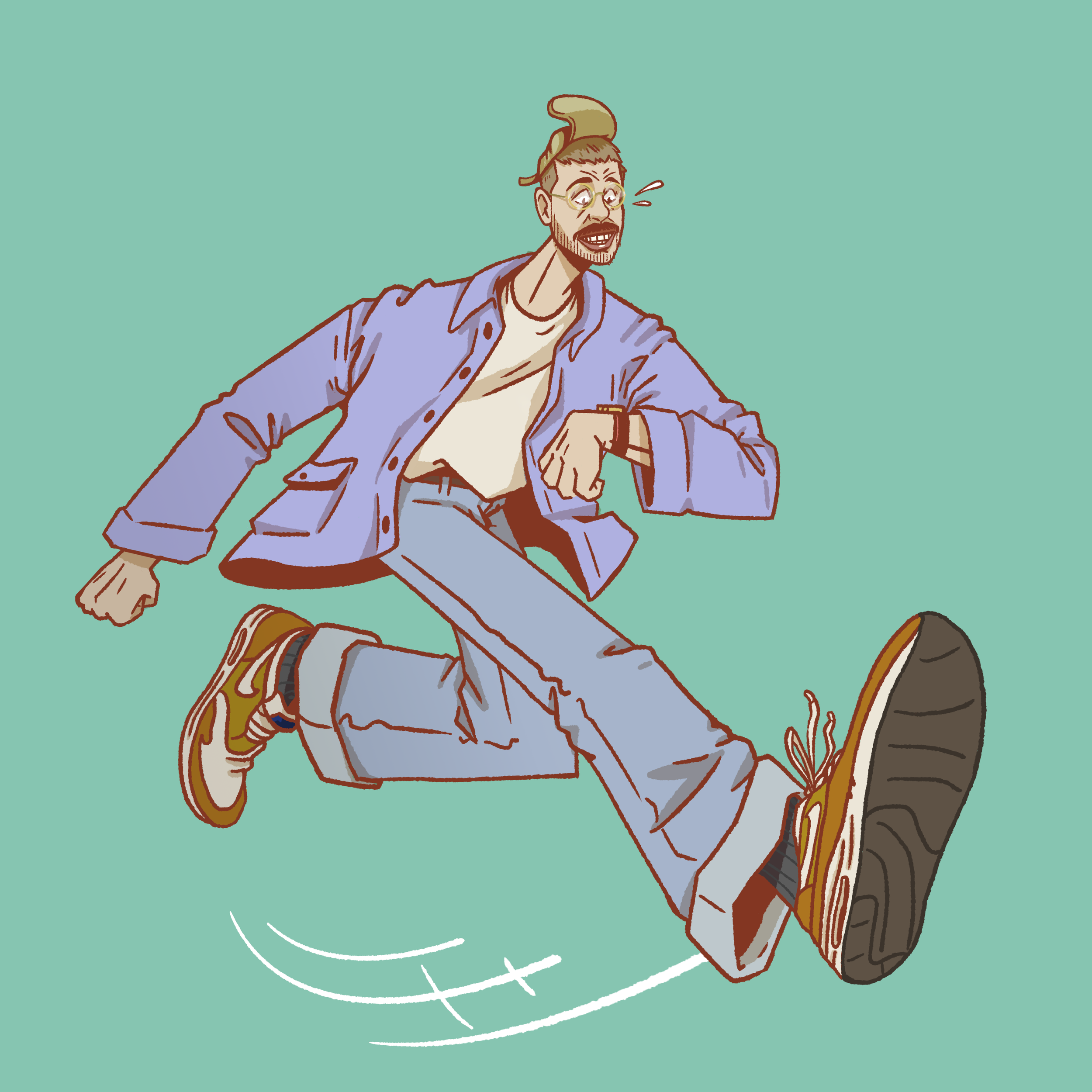 Teal background, illustration of a man running through the middle of the frame wearing a light blue jacket and jeans.