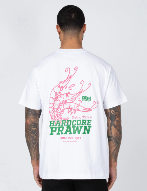 Product shot of the back of a white t-shirt featuring an illustration of three prawns bent over with the slogan 'hardcore prawn' at the bottom