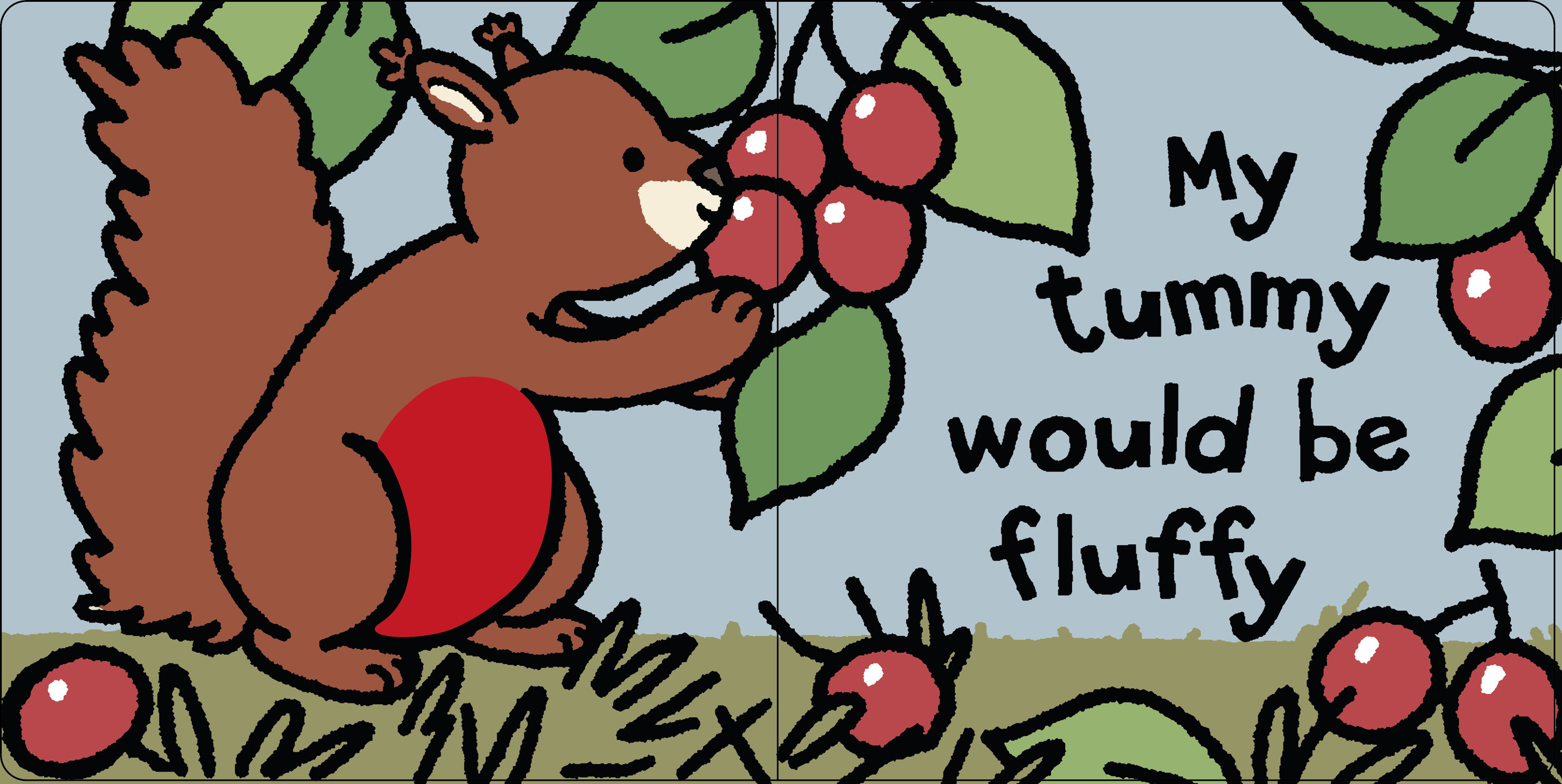 Illustration of a squirrel, sitting on some dull green grass against a greyish blue sky. The squirrel is smiling and eating berries dangling from a branch at the top of the illustration.