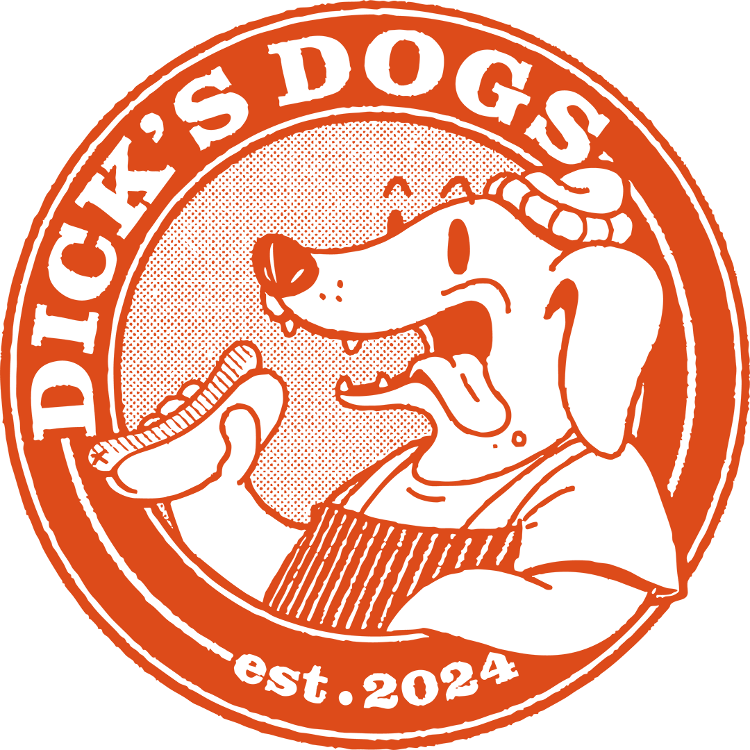Illustration of a sausage dog wearing an apron eating a hot dog sat within a logo reading "Dick's Dogs, established 2024"