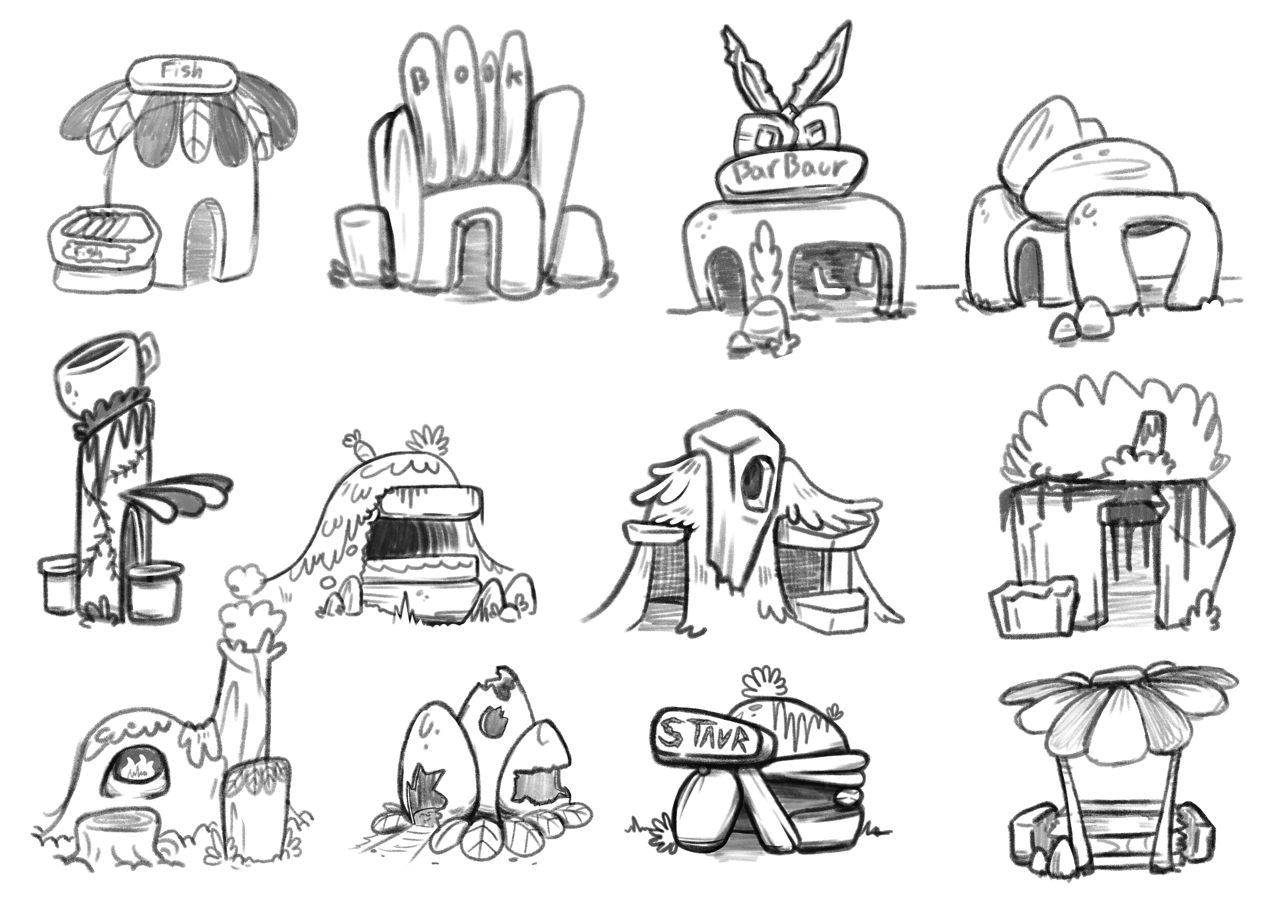 Page of rough illustrations of various village shops, these shops made out of boulders, moss and other natural structures.