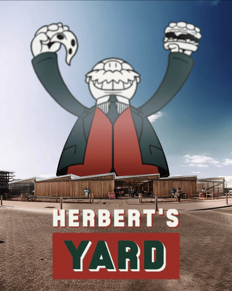 Photograph of Herbert's Yard street food venue with a towering larger than life character illustration of Herbert Austin protruding from the top gleefully holding a burger and a slice of pizza.