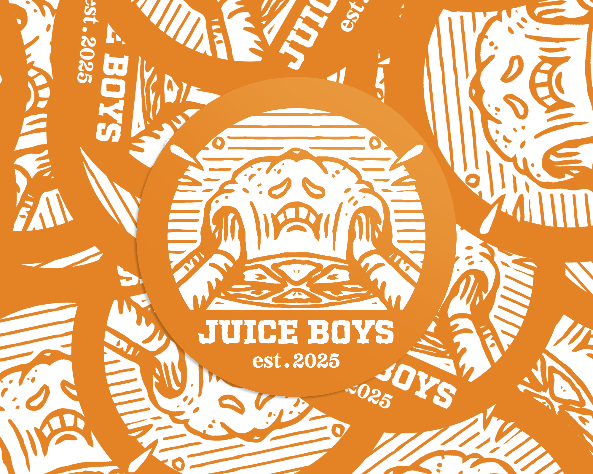 Collage style image of the illustrated Juice Boys logo overlayed on top of each other to create a pattern.